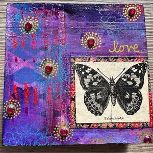 Butterfly Love on canvas mixed media one of a kind wall art 4” x 4”